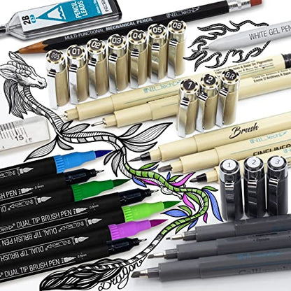 NIL - TECH Professional Artist Drawing Pens Set (36 Pcs) - 16 Dual Brush Markers, 10 Archival Fineliners, 3 Calligraphy Pens, White Gel Pen & Sketchbook - Waterproof Ink for Sketching & Lettering
