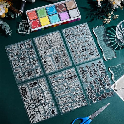 29 Pcs Acrylic Stamps for Crafting Card Making Supplies Set | 3 Acrylic Clear Stamp Blocks, 6 Clear Silicone Stamps Seals, 20 Craft Ink Pads Stamp for DIY Scrapbooking Journal - style: 29Pcs Journal Clear Stamps