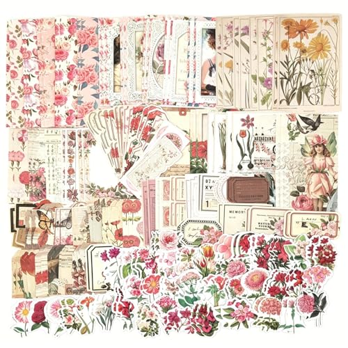 Esweny 200PCS Vintage Scrapbooking Supplies Pack, Aesthetic Scrapbook Sticker Paper Art Journaling Kit for Junk Journals,Planner,Cottagecore Decor Gifts (Pink Series) - color: Pink Series
