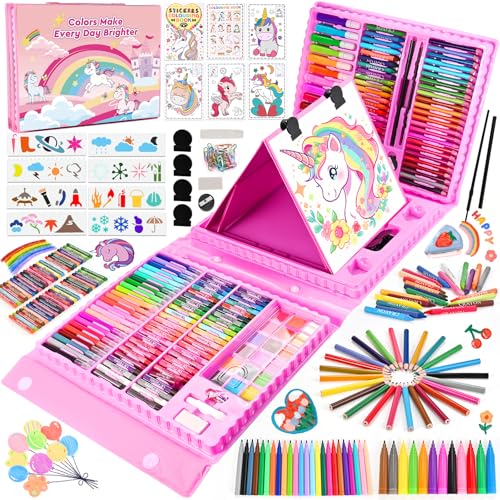 Goldge Art Supplies, Drawing Art Kit, Kids Art Set | 230 PCS+, Double Sided Trifold Easel, Colored Pencils, Crayons, Oil Pastels, Watercolor Pens, Coloring Book, Gifts - color: DARK PINK