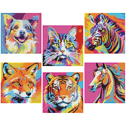 ajepon 6 Pack Animal Diamond Art Kits for Kids, Animals Diamond Art for Kids Ages 8-12, Dog Cat Tiger Zebra Fox Horse Gem Painting Kits for Kid for Gift Home Wall Decor (6x6inch) - color: 6DXZ112