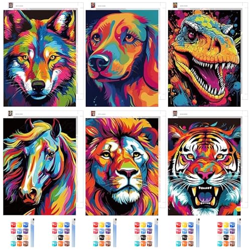 GHHKUD 6 Pack Colorful Animals Paint by Numbers Kits for Adults, DIY Painting by Numbers for Adults Wolf, Dog, Dinosaurs, etc, Easy Painting on Canvas Arts Gifts for Home Decor 20x30cm - color: Dinosaur