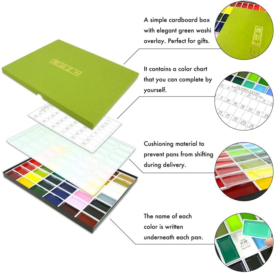 Kuretake Gansai Tambi Watercolor Paint Set, 36 Colors, Made in Japan | 36 vivid opaque colors, non-granulating pigment, large pans, palette & color chart, Professional Use, Artist Grade