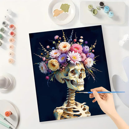 Skeleton Paint by Numbers Kit for Adults - DIY Skeleton with Floral Crown Painting on Canvas 16x20 inches, Frameless Acrylic Paint Set, Suitable for Beginners, Art for Home Decoration or Gifts