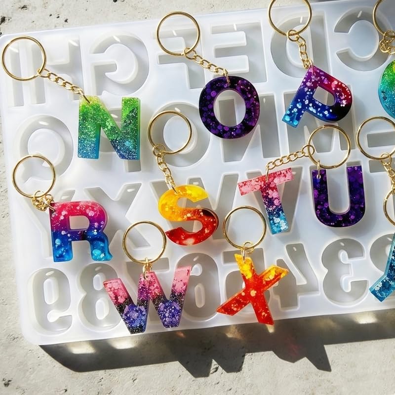 Reversed Resin Casting Alphabet Mold, Sturdy Letter & Number Silicone Mold for Epoxy Crafts, Resin Keychains, Crayons, Soap, Clay Crafts, 40 Keychain Rings (20 Gold & 20 Silver) Included - color: Classic Alphabet