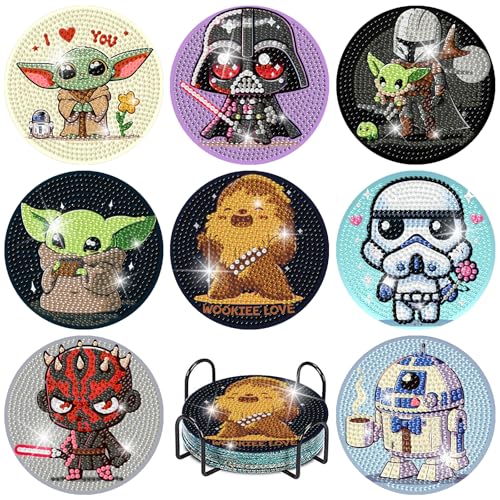 nekpiahu 8 PCS Cartoon Diamond Art Coasters Kits, Diamond Painting Coasters with Holder, DIY Cartoon Life Coaster Diamond Art Kits for Adults, Beginners Round Full Drill Diamond Art Craft Supplies - color: BDWY481