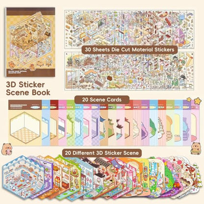 3D Sticker Scene Book | Repositionable, DIY Miniature Art Kit, Peel & Stick Activity, Creative Focus - color: Basic Sticker Book | 50 Pages, 20 Scenes (7.7x5.4in)