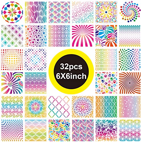 32 Pieces Geometric Stencils 6 x 6 Inch Painting Templates Mandala Stencil for Scrapbooking Cookie Tile Furniture Wall Floor Decor Craft Drawing Tracing DIY Art Supplies - size: 6inch-1
