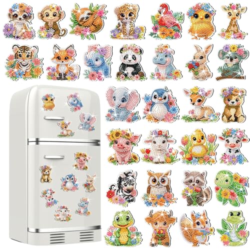 Xuhal 30 Pcs Animal Diamond Painting Magnets Diamond Art Kits for Adults | Flower Animal Refrigerator Magnets, 5D Rhinestone Magnetic Sticker, Small DIY Crafts, Fridge Magnet, Diamond Club Gifts - color: Animal