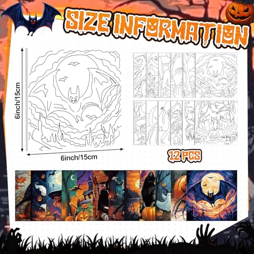 Teling 12 Pcs Halloween Pre Drawn Stretched Canvas Kit for Adults Painting Pre Printed Canvas Outline for DIY Painting Party Favor, 6 x 6 x 0.6 Inches - style: Halloween