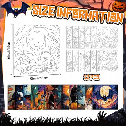 Teling 12 Pcs Halloween Pre Drawn Stretched Canvas Kit for Adults Painting Pre Printed Canvas Outline for DIY Painting Party Favor, 6 x 6 x 0.6 Inches - style: Halloween