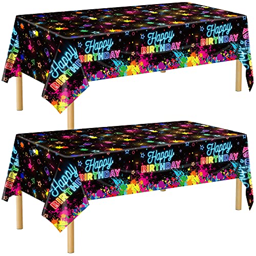 durony 2 Pack Glow in the Dark Birthday Party Tablecloth Neon Plastic Disposable Table Cover Paint Graffiti Happy Birthday Table Decorations for Let's Glow Birthday Party, 54 x 108 Inch - style: Neon Birthday