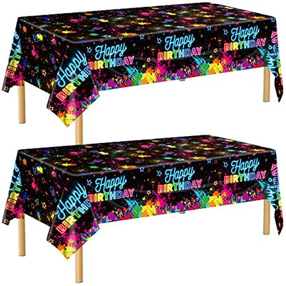 durony 2 Pack Glow in the Dark Birthday Party Tablecloth Neon Plastic Disposable Table Cover Paint Graffiti Happy Birthday Table Decorations for Let's Glow Birthday Party, 54 x 108 Inch - style: Neon Birthday