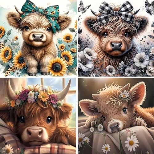 4 Pack Diamond Art Kits for Adults, Cow Diamond Painting Kits 12x12 inch | Highland Cow Diamond Art Painting Kits for Adults Beginners, DIY Round Full Drill Gem Art Diamonds Dots Crafts Kit Home Decor - color: 4Pack Highland Cow, size: 11.8x11.8in(30x30cm