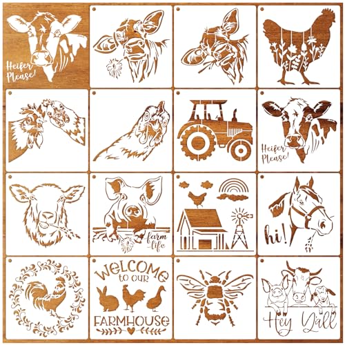 15 Piece Farmhouse Stencils - Reusable Farm Animal Stencils Template for Painting on Wood, Furniture, Fabric, Wall & DIY Crafts (Chicken, Cow, Pig, Horse) - style: 15 Farm animal