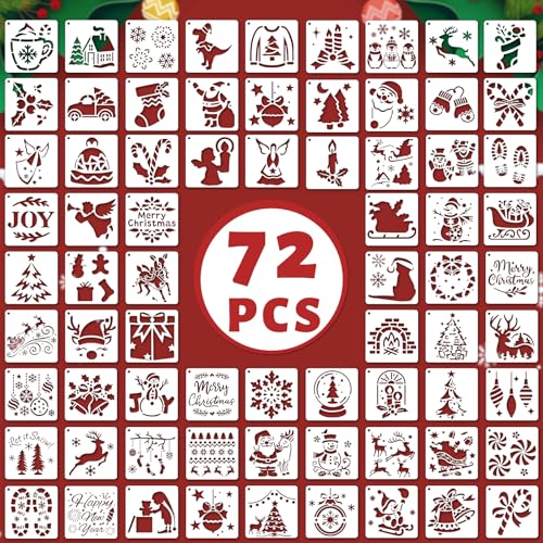 72 PCS 3x3 Inch Christmas Stencils for Painting - Snowflake Santa Claus Christmas Tree Reusable Christmas Painting Templates on Wood, Glass, Fabric, Window Door Decor DIY Decoration - style: 72PCS Christmas