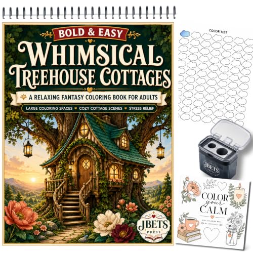 Whimsical Treehouse Cottages Coloring Book for Adults: | Bold and Easy, Top Spiral Bound, 24 Images, Color Test Sheet, Mini Cozy Coloring Book and Pencil Sharpener Included, 8.5" x11"