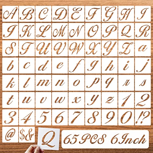 6 Inch Letter Symbol Stencils for Painting on Wood, 65 Pcs Alphabet Drawing Templates with Calligraphy Large Font and Cursive Letters Numbers Signs, Reusable Plastic Art Craft Stencils - size: 6 Inch