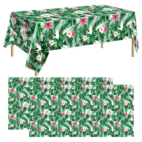 Kochorie 2 Pack Hawaii Palm Leaves Tablecloths, 54 x 108 Inch Tropical Luau Party Table Cover, Waterproof Disposable Plastic Tablecloth for Summer Birthday, Hawaiian Aloha Beach Party Decorations - style: Hawaii Palm Leaves