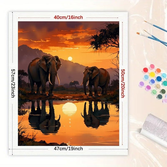 African Animal Paint by Numbers Kit for Adults - DIY Elephants by Sunset Water Reflection Painting on Canvas 16x20in, Acrylic Paint Set, Suitable for Beginners, Art for Home Decoration/Gifts - color: FM05886, size: 40×50cm Unframed