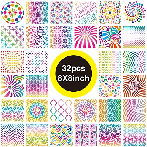 32 Pack Geometric Stencils 8 x 8 Inch Painting Templates Mandala Stencil for Scrapbooking Cookie Tile Furniture Wall Floor Decor Craft Drawing Tracing DIY Art Supplies - size: 8inch-1