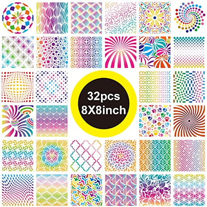 32 Pack Geometric Stencils 8 x 8 Inch Painting Templates Mandala Stencil for Scrapbooking Cookie Tile Furniture Wall Floor Decor Craft Drawing Tracing DIY Art Supplies - size: 8inch-1