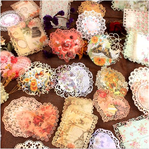 Antique Cutouts Lace Edge Decorative Paper for Junk Journaling | 60Pcs Floral Backround Paper for Journaling, Collage, Card Making, , Album Art Crafts - color: 60pcs Retro Lace Floral Scrapbook Paper Cutout