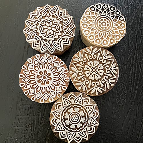 AnNafi® Traditional Mehendi Pattern Mandala and Round Wood Block Stamps (Set of 5) | Round Wooden Printing Block Stamp - DIY Henna Fabric Textile Paper Clay Pottery Block Printing Stamp
