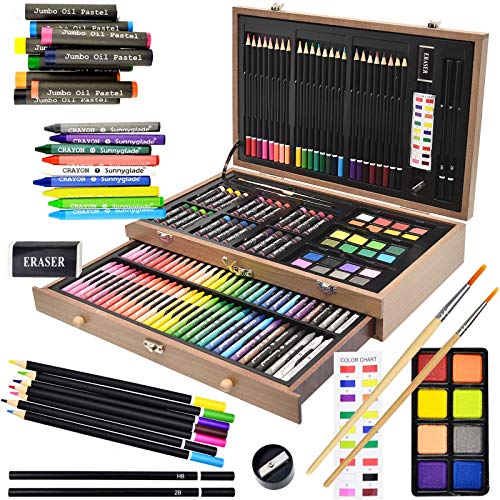 Sunnyglade 145 Piece Deluxe Art Set Wooden Art Box & Drawing Kit Tan - color: Tan