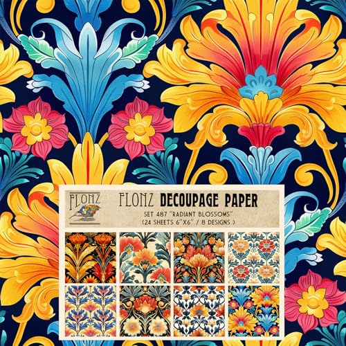 Decoupage Paper Pack (24 Sheets 6"x6") Radiant Blossoms: Vibrant Art Deco Watercolor Florals for Colorful Crafting and Creative Decoration Projects # Vintage Styled Paper for Craft and Scrapbooking - color: FiftyTwo