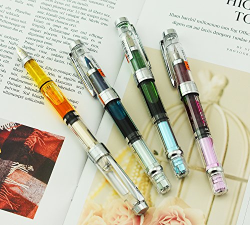 Lanxivi Yongsheng 3008 Piston Fountain Pen EF Extra Fine Nib,Transparent SilverTrim 4 Colors Set - color: 3008 Silver Trim EF