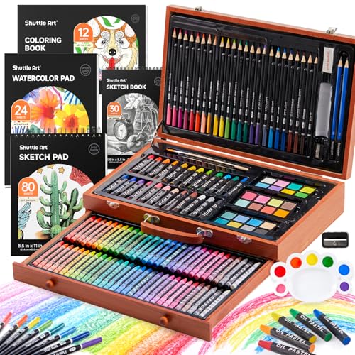 Shuttle Art 149 Piece Deluxe Art Set, Art Supplies in Wooden Case, Painting Drawing Art Kit with Crayons Colored Pencils Oil Pastels Watercolor Cakes Coloring Book Sketch Pad for Kids Adults - color: Brown, size: 149 Piece Set