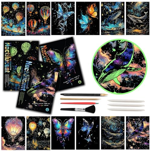 Iskueal Glow in The Dark Scratch Art Paper，Engraved Landscape Scratch Painting Rainbow Board (12 Sheets A4) Adults, Fun Sketch Card Creative Craft Toy (Animals/Landscapes) - color: (Animals/Landscapes)