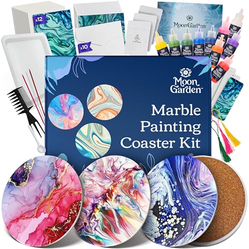 MoonGarden Marble Painting Coaster kit - Marble Painting Kit for Adults - 12 Color Paints, Ceramic Coasters, Bookmark Paper and Cardstock Paper - Relaxing and Creative DIY Activity