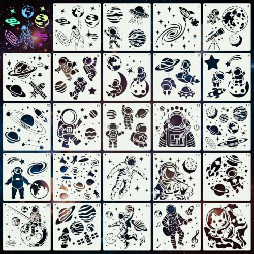 Space Astronaut Stencils for Crafts Reusable 24Pcs Stencils(5.9X5.9 Inch) | DIY Art Painting Stencil Furniture Decor Kit for Wood Embroidery Wall Silk Screen Journaling - color: Space 4