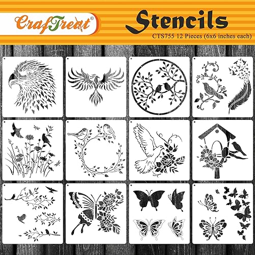 CrafTreat Reusable Tropical Leaf Stencil Set for Painting on Wood, Wall, Furniture, Canvas, Paper & Fabric – 36 Piece Leaf DIY Craft Paint Stencils 3x3 Inches - size: 12 Pcs - 6"X6", style: Butterfly and Bird Flower