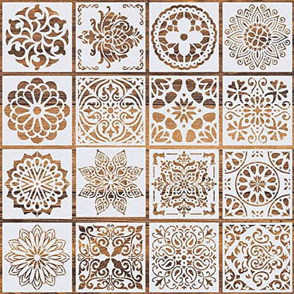 16 Pcs Mandala Stencils, 6 x 6 Inch Reusable Painting Templates for Crafts | Pet Material, Smooth Edges, Geometric Layering Designs, Washable, for Wood, Walls, Fabric, Floor, Window, Cards and Drawing - style: Mandala Stencils-1