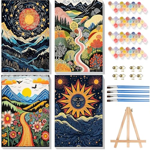 4 Pack Scenery Paint by Numbers for Adults with Frame Canvas - Wooden Easel - color: BKH1296+BKH1297+BKH1298+BKH1299