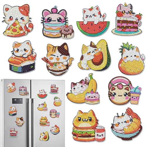 INCOK Cat Diamond Art Magnets Refrigerator - 12 PCS DIY Diamond Painting Kits Pineapple Hamburger Avocado Fridge Magnets Home Decors Art Crafts Birthday Gift for Adults Beginners Cat Lover - color: cat