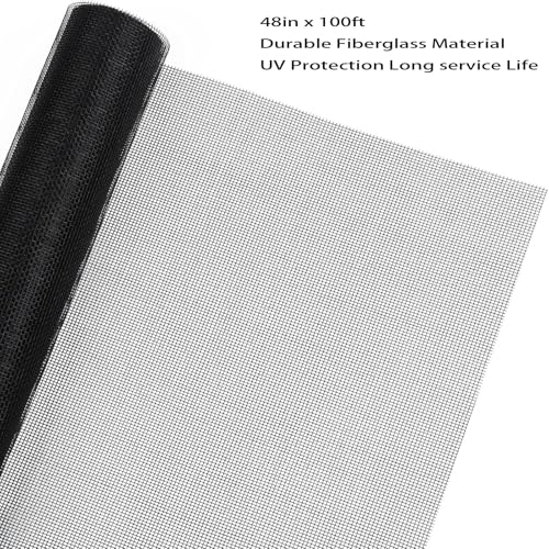 48"x100ft Windows Screen Mesh, Black Fiberglass Screen Roll, Durable Screen Door Replacement for Patio Screen,Porch Screen Window Door - size: 48 Inch x 100 Feet