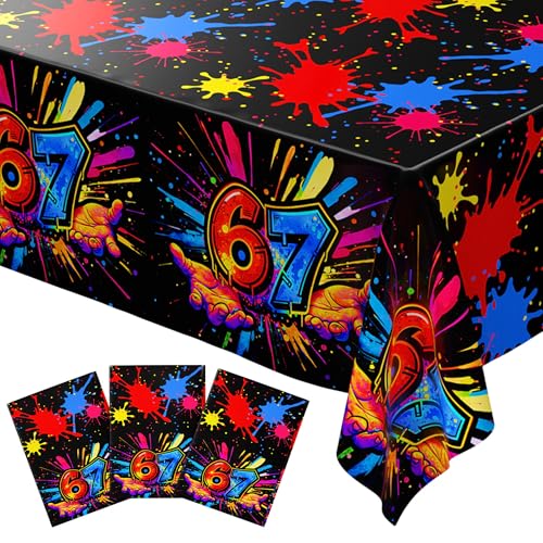 Blue Orchards 67 Tablecover (Pack of 3) - XL 54"x108" - Immersive 67 Birthday Party Decorations, 6 7 Paint Splatter Party Tablecloth, Brainrot Themed Decor, Six Seven Party, Event Decoration - color: 67 (Pack of 3)