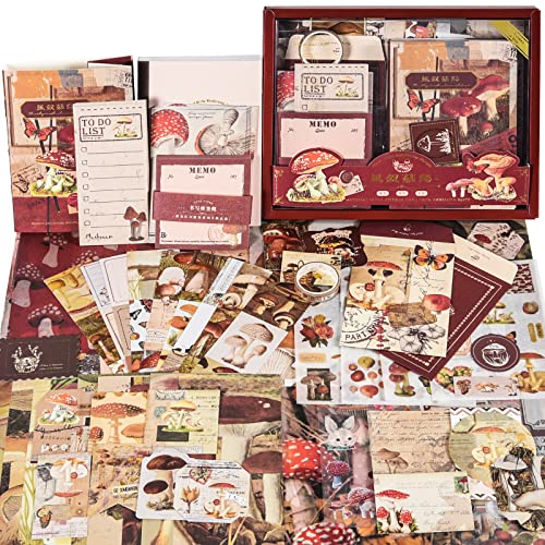 Scrapbook Supplies Kit, Vintage Junk journaling Supplies, Scrapbooking Kit | Stationary Set with Aesthetic Stuff, DIY Journal Accessories, Ephemera Collage Craft Supplies Gift for Adults Women Beginner - color: Mushroom