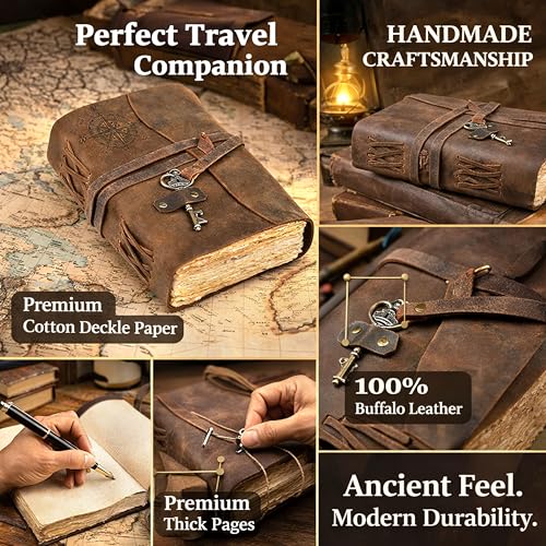 cuero Compass Vintage Leather Journal Antique Handmade Leather Bound Journal with Deckle Edge Paper Diary Leather Sketchbook Drawing Journal Notebook Great Gift Men & Women (Tawny Brown, 8X10 Inch) - size: 8X10 Inch