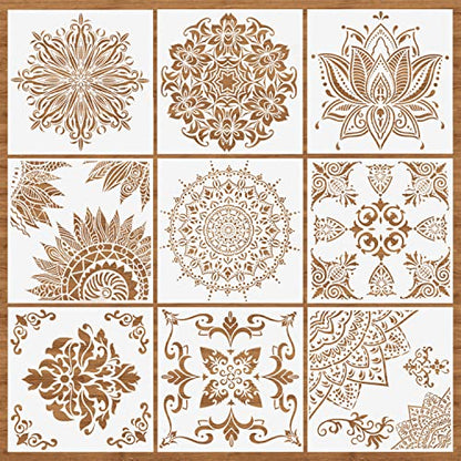 9 Pcs Mandala Stencils, 12x12 Inch Reusable Painting Template for DIY Craft | Pet Material, Smooth Edges, Reusable 9 Patterns Design, Washable, for Wood, Rock, Fabric, Walls, Window, Cards and Drawing - style: Large Mandala Stencils