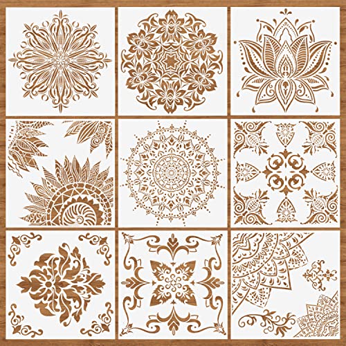 9 Pcs Mandala Stencils, 12x12 Inch Reusable Painting Template for DIY Craft | Pet Material, Smooth Edges, Reusable 9 Patterns Design, Washable, for Wood, Rock, Fabric, Walls, Window, Cards and Drawing - style: Large Mandala Stencils