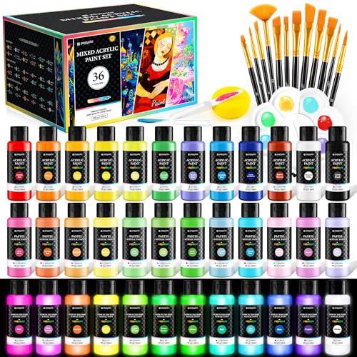 52 PCS Classic & Pastel & Glow in the Dark Acrylic Paint Set, 36 Colors | Art Paint with 12 Brushes, 2 Knives & Palette, Paint for Adults Artists Beginners, Canvas Ceramic Rocks Wood Painting Kit - color: Mixed Colors, size: 2 Fl Oz (Pack of 36)