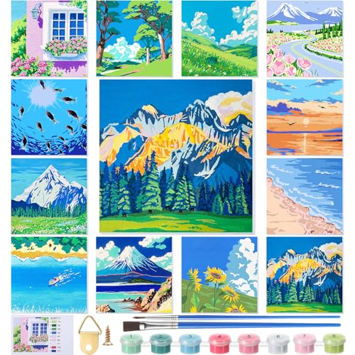 Nezyo 12 Sets Scenery Paint by Numbers Adults with Frame, 8x8 Inch Kit - style: Scenery
