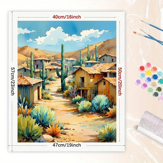 Desert Village Paint by Numbers Kit for Adults - DIY Southwestern Cactus Town Painting on Canvas 16x20 Inches, Acrylic Paint Set, Suitable for Beginners, Art for Home Decoration or Gifts - color: HSX00156, size: 16X20IN Folded