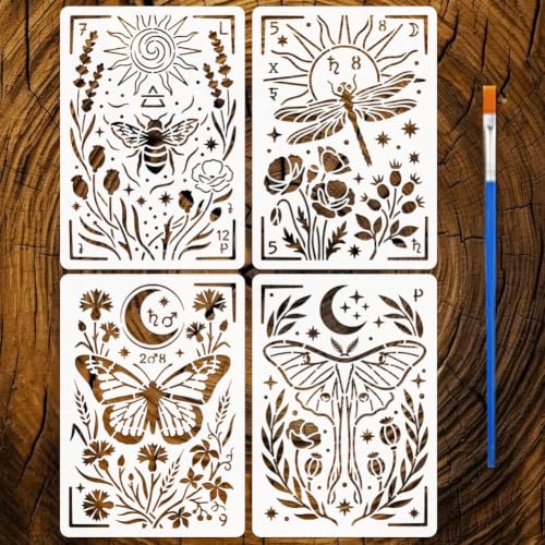 FINGERINSPIRE 4PCS Dreamy Animals Painting Stencils with Paint Brush 8.3x11.7inch Reusable Butterfly Bee Template Plastic Dragonfly Plant Stencil Animal Theme Template for Painting on Furniture - color: Dreamy Animals
