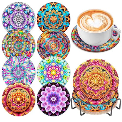 8 Pcs Boho Diamond Art Painting Coasters with Holder, DIY Boho Mandala Flower Diamond Crafts Coasters for Adults Diamond Art Painting Kits for Beginners, Diamond Craft Supplies for Adults - color: Datura Flower